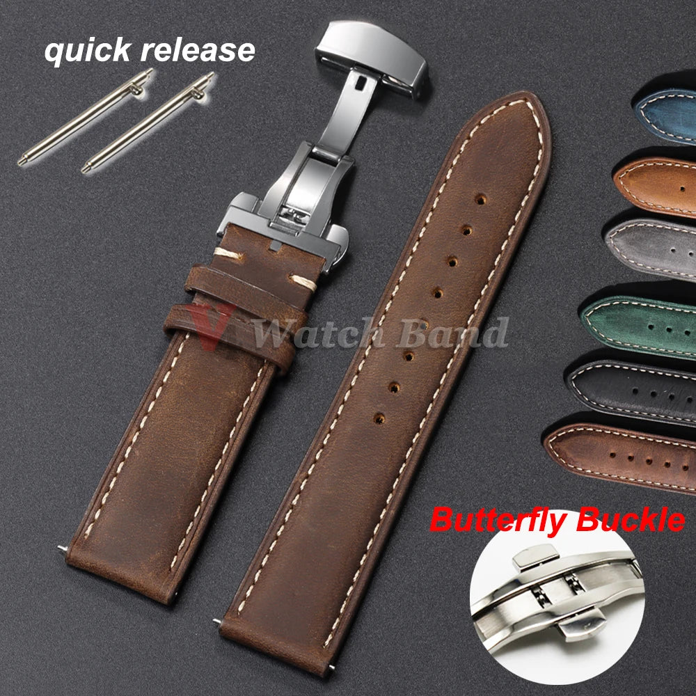 Genuine Calfskin Leather Watchband for Omega Business Watch Band for Seiko 22Mm 20Mm 18Mm Butterfly Buckle Stitching Brown Strap