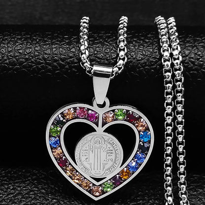 Catholic Jesus Cross Stainless Steel Necklace Saint Benedict Crystal Virgin Mary Pendant Crucifix Male Necklaces Jewelry Cruz