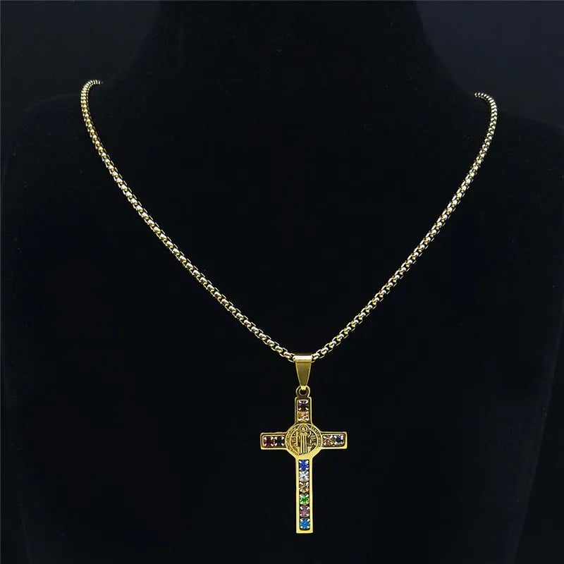Catholic Jesus Cross Stainless Steel Necklace Saint Benedict Crystal Virgin Mary Pendant Crucifix Male Necklaces Jewelry Cruz