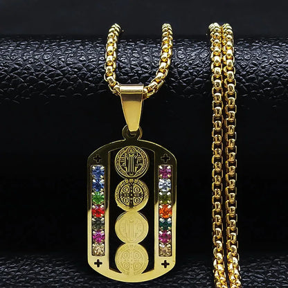 Catholic Jesus Cross Stainless Steel Necklace Saint Benedict Crystal Virgin Mary Pendant Crucifix Male Necklaces Jewelry Cruz
