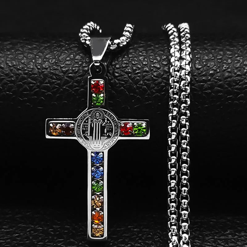 Catholic Jesus Cross Stainless Steel Necklace Saint Benedict Crystal Virgin Mary Pendant Crucifix Male Necklaces Jewelry Cruz