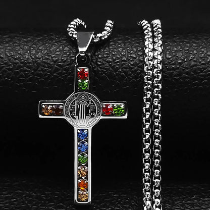 Catholic Jesus Cross Stainless Steel Necklace Saint Benedict Crystal Virgin Mary Pendant Crucifix Male Necklaces Jewelry Cruz